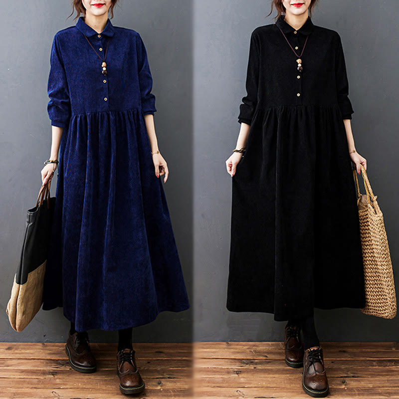 Buddha Stones Fall Buttons Design Long Sleeve Cotton Corduroy Midi Dress With Pockets