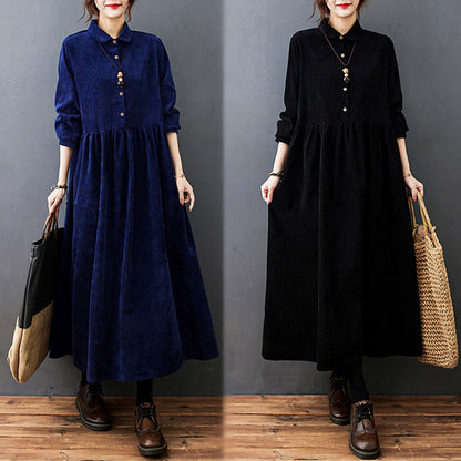 Buddha Stones Fall Buttons Design Long Sleeve Cotton Corduroy Midi Dress With Pockets