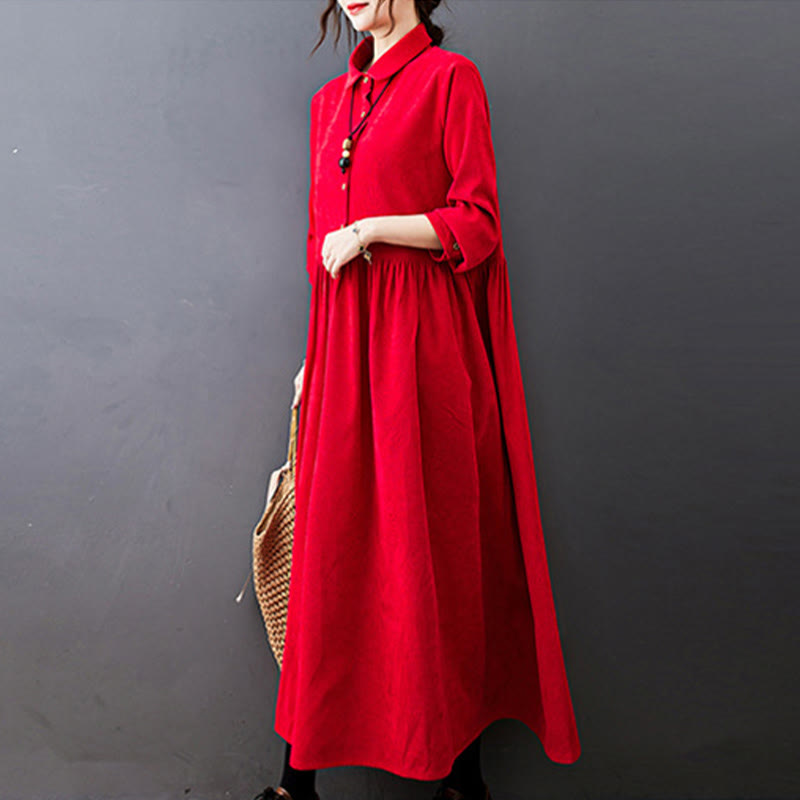 Buddha Stones Fall Buttons Design Long Sleeve Cotton Corduroy Midi Dress With Pockets
