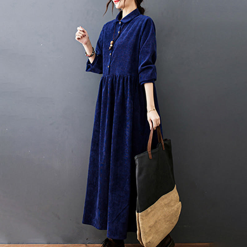 Buddha Stones Fall Buttons Design Long Sleeve Cotton Corduroy Midi Dress With Pockets