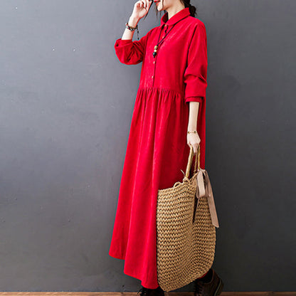Buddha Stones Fall Buttons Design Long Sleeve Cotton Corduroy Midi Dress With Pockets