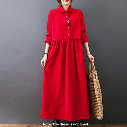 Buddha Stones Fall Buttons Design Long Sleeve Cotton Corduroy Midi Dress With Pockets