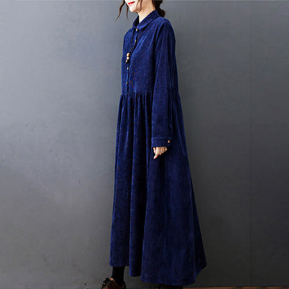 Buddha Stones Fall Buttons Design Long Sleeve Cotton Corduroy Midi Dress With Pockets