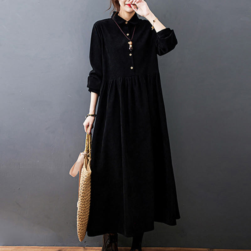 Buddha Stones Fall Buttons Design Long Sleeve Cotton Corduroy Midi Dress With Pockets