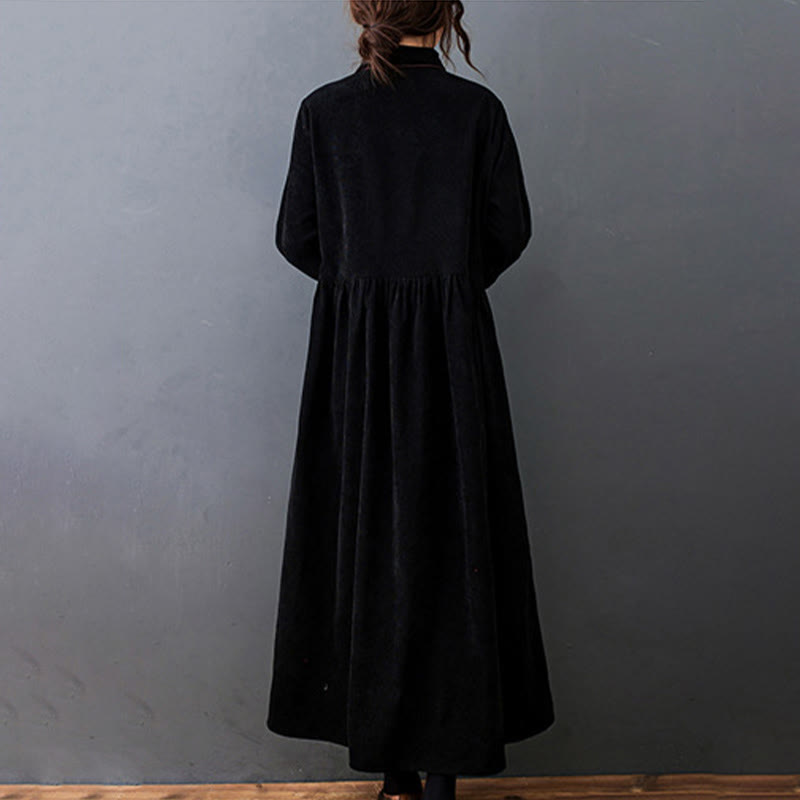 Buddha Stones Fall Buttons Design Long Sleeve Cotton Corduroy Midi Dress With Pockets