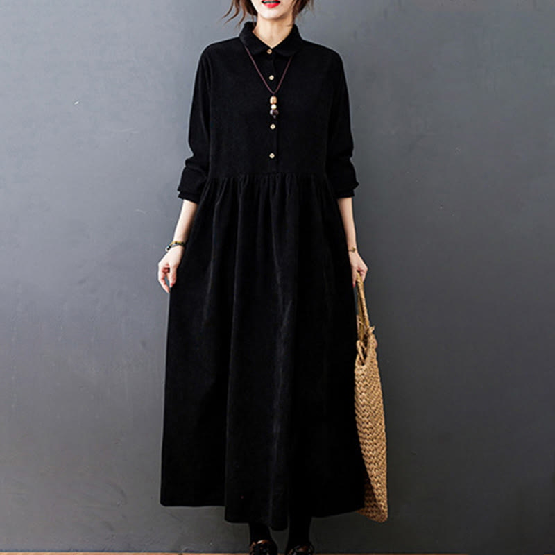 Buddha Stones Fall Buttons Design Long Sleeve Cotton Corduroy Midi Dress With Pockets