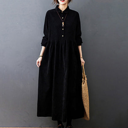 Buddha Stones Fall Buttons Design Long Sleeve Cotton Corduroy Midi Dress With Pockets