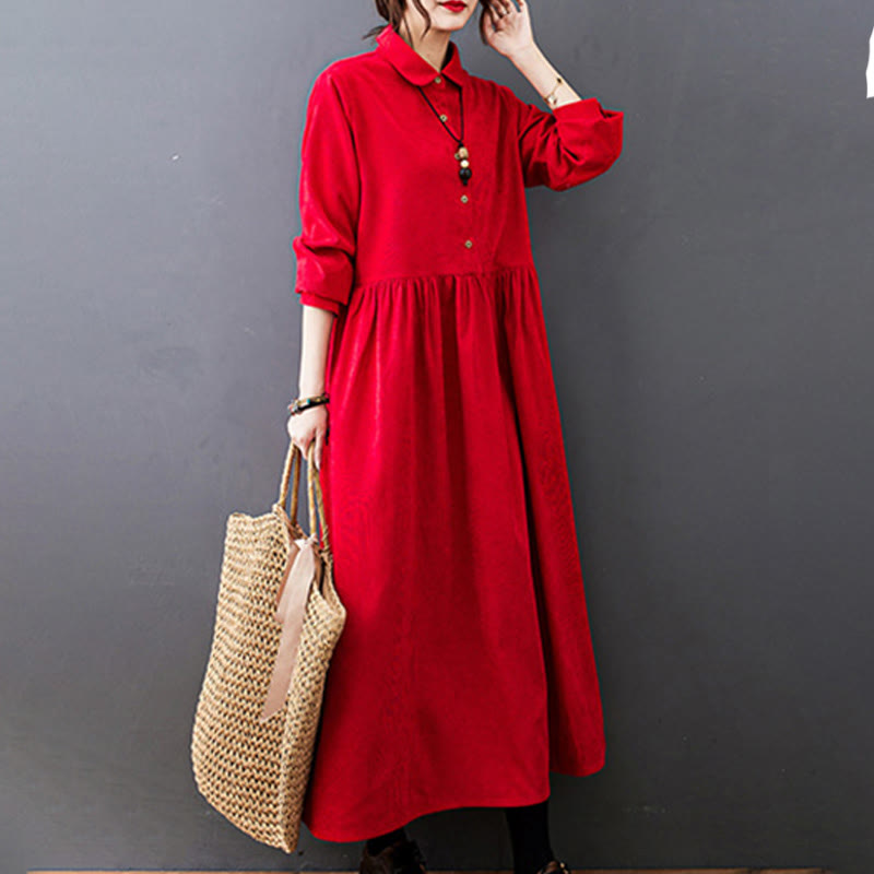 Buddha Stones Fall Buttons Design Long Sleeve Cotton Corduroy Midi Dress With Pockets