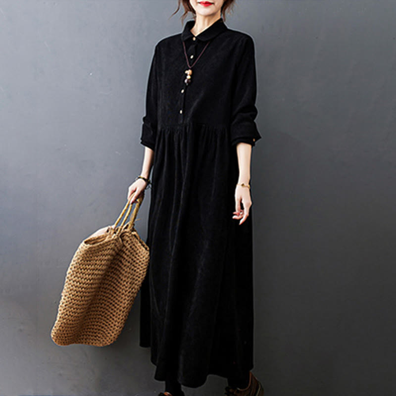 Buddha Stones Fall Buttons Design Long Sleeve Cotton Corduroy Midi Dress With Pockets