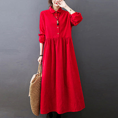 Buddha Stones Fall Buttons Design Long Sleeve Cotton Corduroy Midi Dress With Pockets
