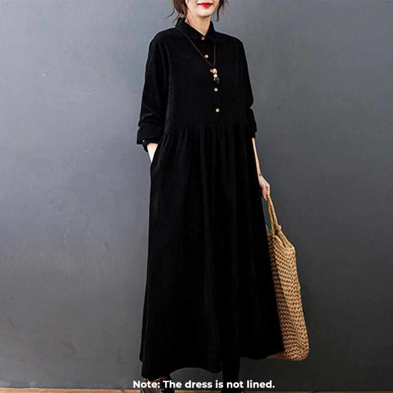 Buddha Stones Fall Buttons Design Long Sleeve Cotton Corduroy Midi Dress With Pockets