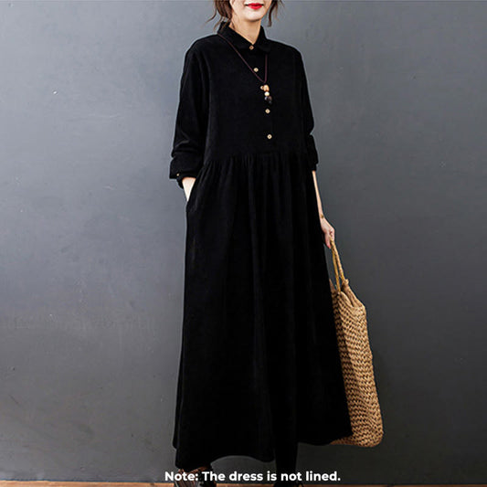 Buddha Stones Fall Buttons Design Long Sleeve Cotton Corduroy Midi Dress With Pockets