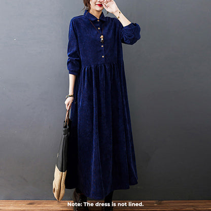 Buddha Stones Fall Buttons Design Long Sleeve Cotton Corduroy Midi Dress With Pockets