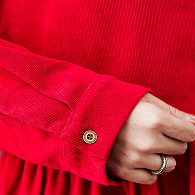Buddha Stones Fall Buttons Design Long Sleeve Cotton Corduroy Midi Dress With Pockets