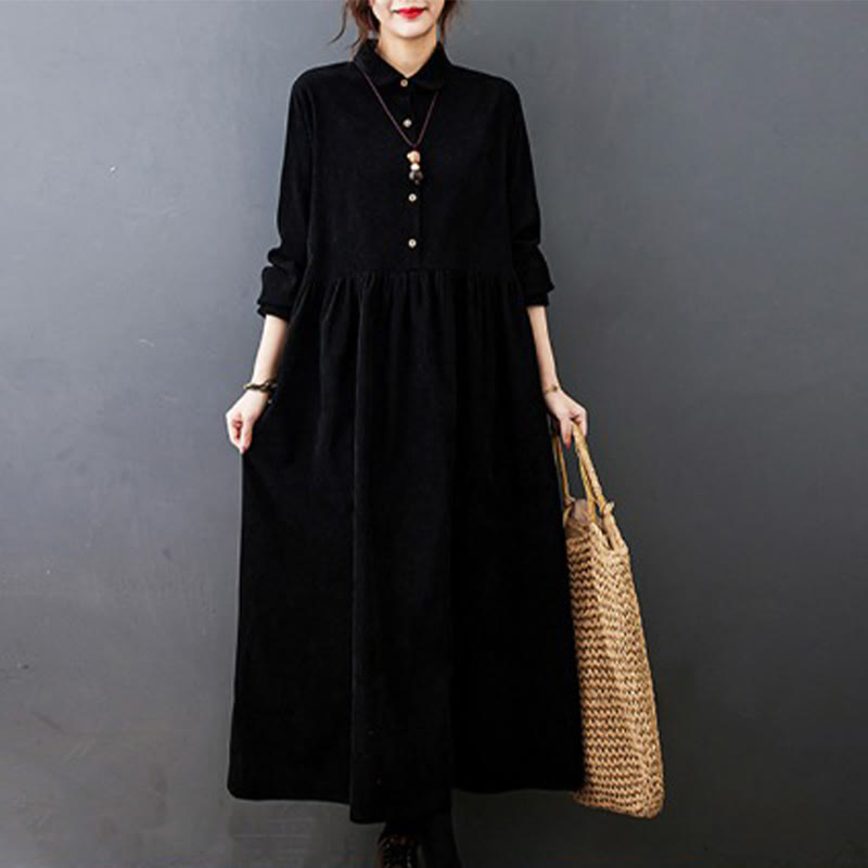 Buddha Stones Fall Buttons Design Long Sleeve Cotton Corduroy Midi Dress With Pockets