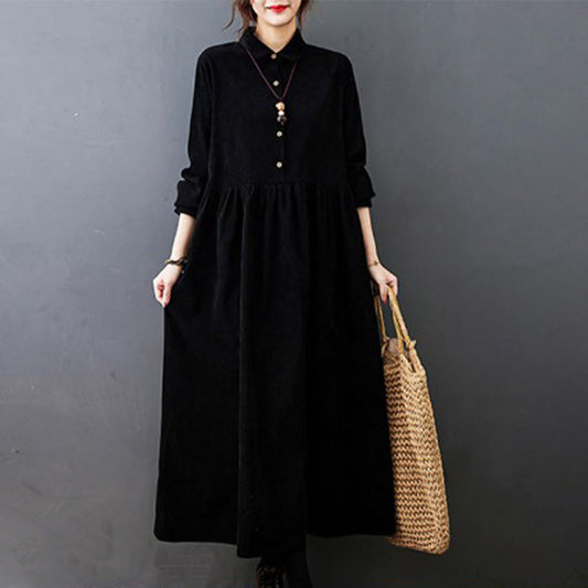 Buddha Stones Fall Buttons Design Long Sleeve Cotton Corduroy Midi Dress With Pockets