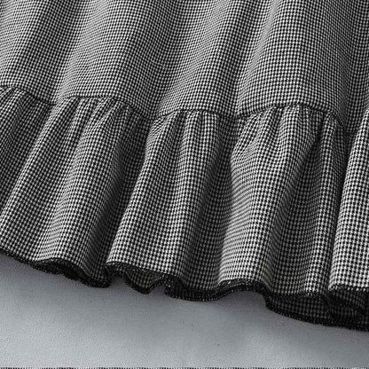 Buddha Stones Plaid Pattern Pleated Ruffled Design Long Sleeve Cotton Midi Dress With Pockets