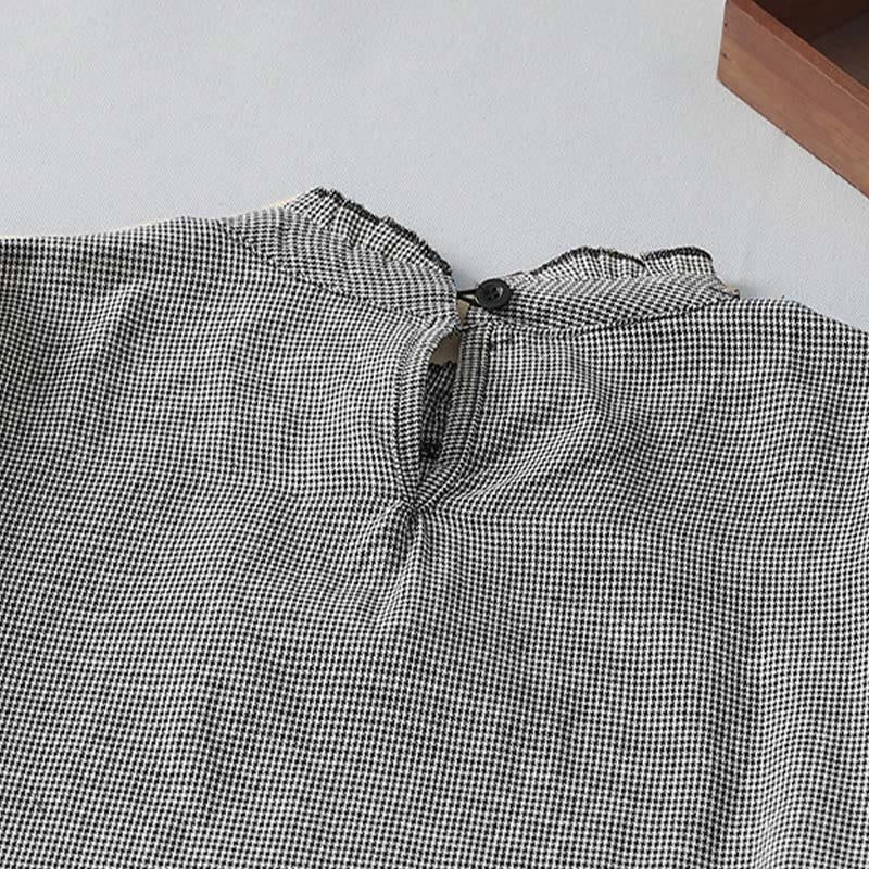Buddha Stones Plaid Pattern Pleated Ruffled Design Long Sleeve Cotton Midi Dress With Pockets