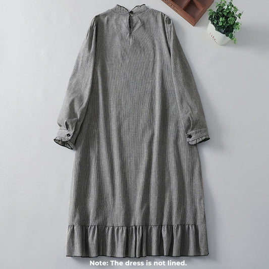 Buddha Stones Plaid Pattern Pleated Ruffled Design Long Sleeve Cotton Midi Dress With Pockets