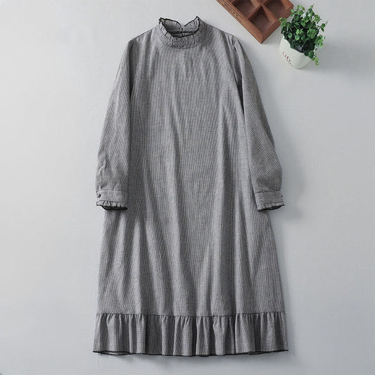 Buddha Stones Plaid Pattern Pleated Ruffled Design Long Sleeve Cotton Midi Dress With Pockets