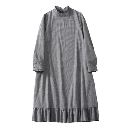 Buddha Stones Plaid Pattern Pleated Ruffled Design Long Sleeve Cotton Midi Dress With Pockets