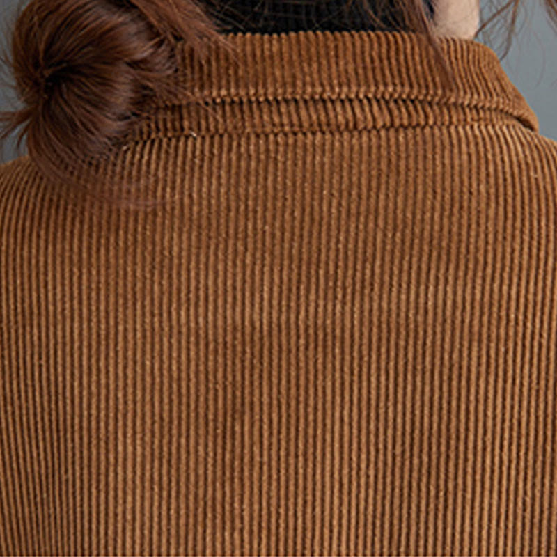 Buddha Stones Plain Buttons Long Sleeve Women's Cotton Corduroy Fleece-Lined Coat With Pockets