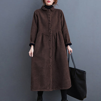 Buddha Stones Plain Buttons Long Sleeve Women's Cotton Corduroy Fleece-Lined Coat With Pockets