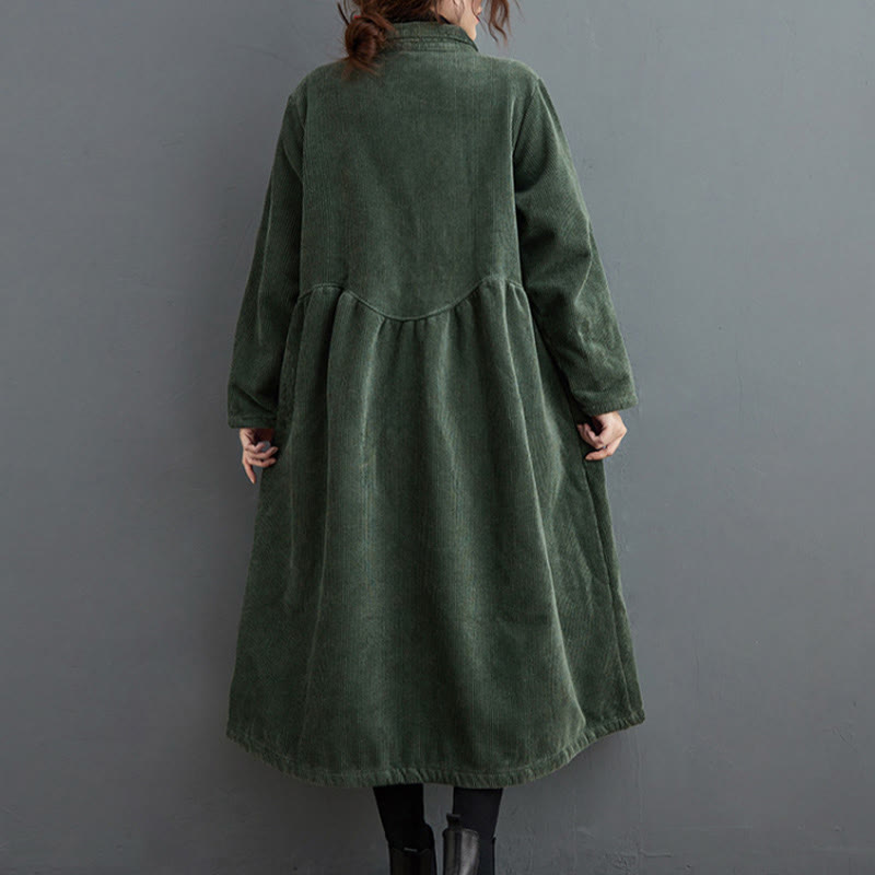Buddha Stones Plain Buttons Long Sleeve Women's Cotton Corduroy Fleece-Lined Coat With Pockets