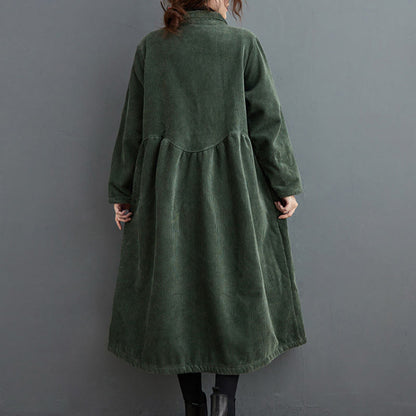 Buddha Stones Plain Buttons Long Sleeve Women's Cotton Corduroy Fleece-Lined Coat With Pockets