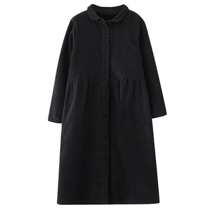Buddha Stones Plain Buttons Long Sleeve Women's Cotton Corduroy Fleece-Lined Coat With Pockets
