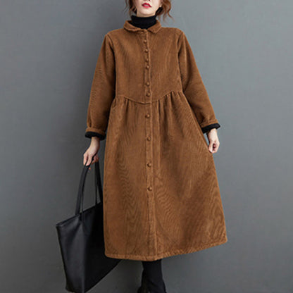 Buddha Stones Plain Buttons Long Sleeve Women's Cotton Corduroy Fleece-Lined Coat With Pockets