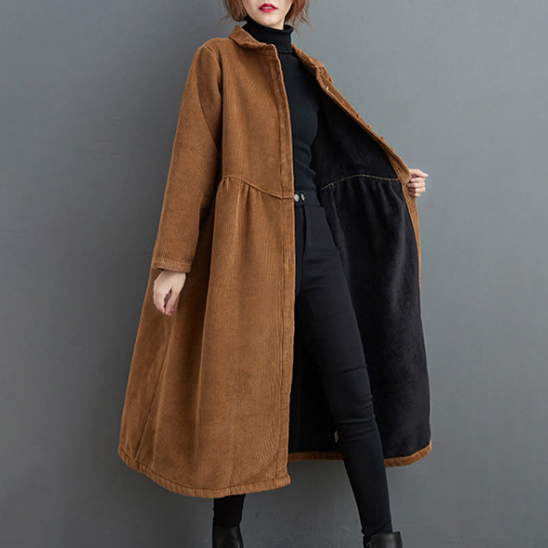 Buddha Stones Plain Buttons Long Sleeve Women's Cotton Corduroy Fleece-Lined Coat With Pockets