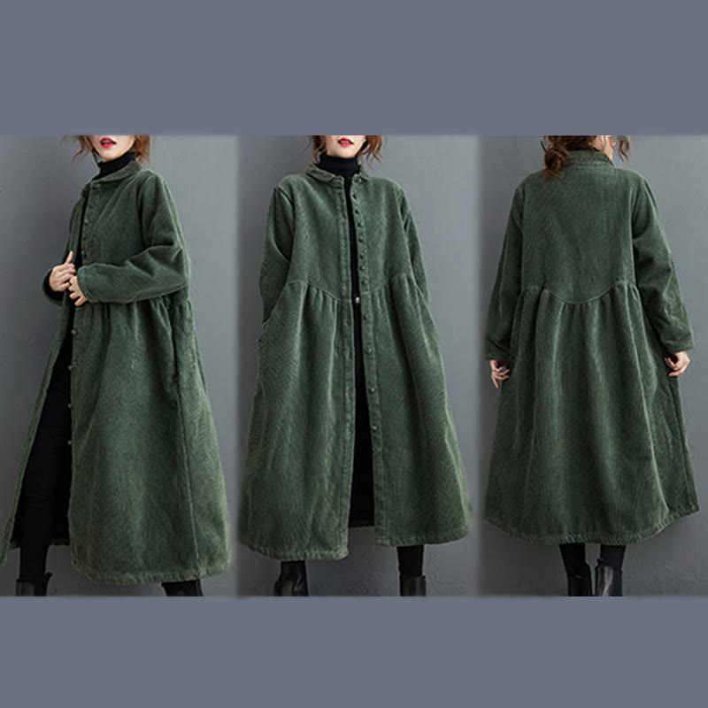 Buddha Stones Plain Buttons Long Sleeve Women's Cotton Corduroy Fleece-Lined Coat With Pockets