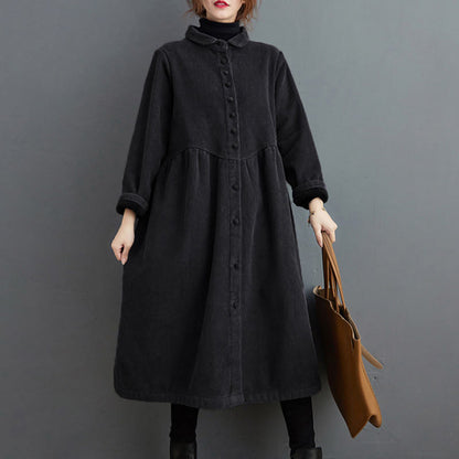 Buddha Stones Plain Buttons Long Sleeve Women's Cotton Corduroy Fleece-Lined Coat With Pockets