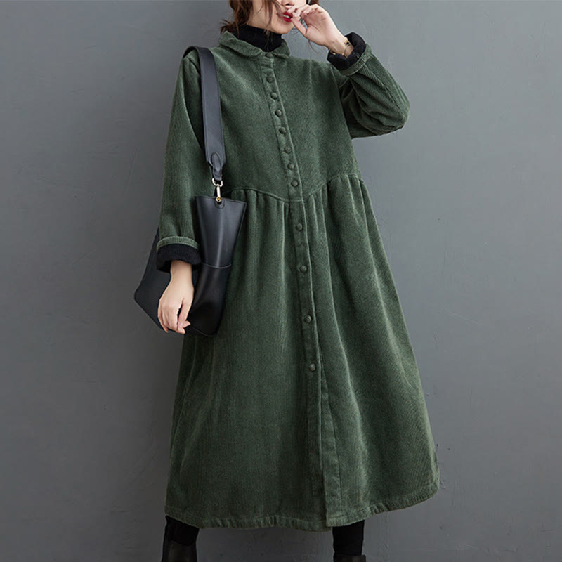 Buddha Stones Plain Buttons Long Sleeve Women's Cotton Corduroy Fleece-Lined Coat With Pockets