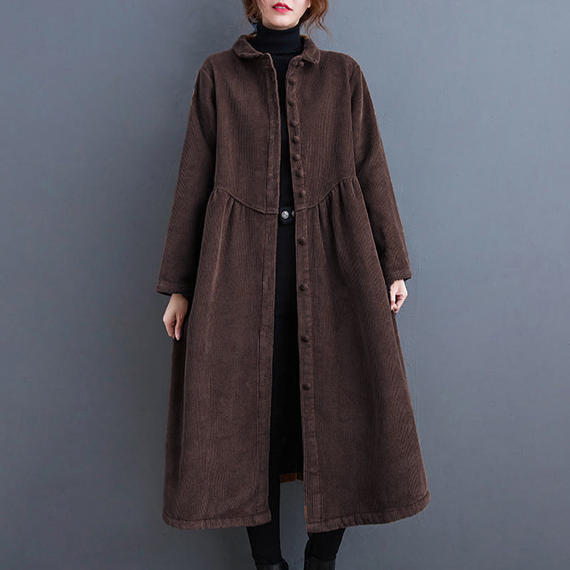 Buddha Stones Plain Buttons Long Sleeve Women's Cotton Corduroy Fleece-Lined Coat With Pockets