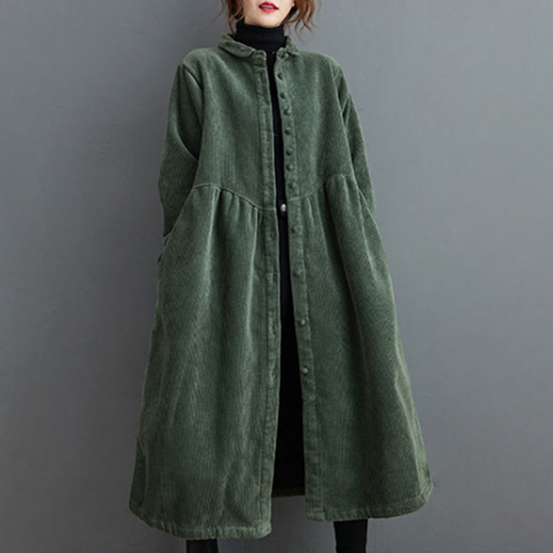 Buddha Stones Plain Buttons Long Sleeve Women's Cotton Corduroy Fleece-Lined Coat With Pockets