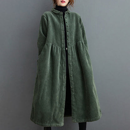 Buddha Stones Plain Buttons Long Sleeve Women's Cotton Corduroy Fleece-Lined Coat With Pockets