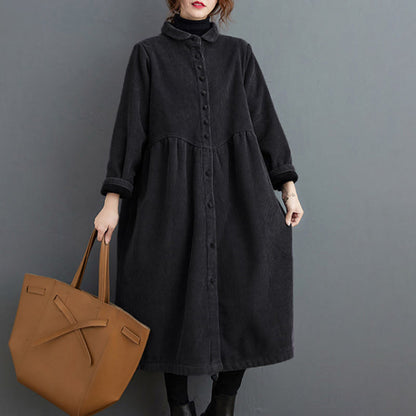 Buddha Stones Plain Buttons Long Sleeve Women's Cotton Corduroy Fleece-Lined Coat With Pockets