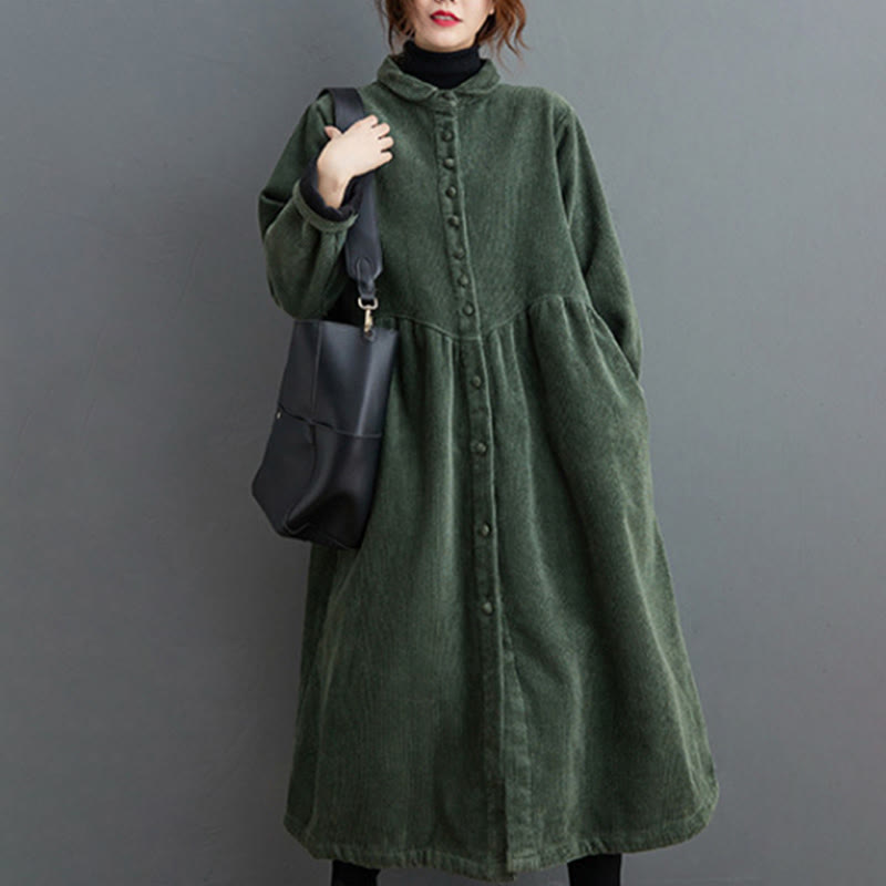 Buddha Stones Plain Buttons Long Sleeve Women's Cotton Corduroy Fleece-Lined Coat With Pockets