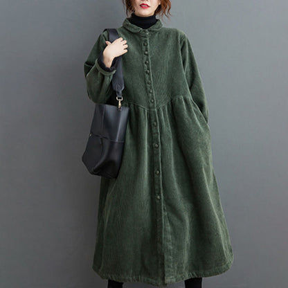 Buddha Stones Plain Buttons Long Sleeve Women's Cotton Corduroy Fleece-Lined Coat With Pockets