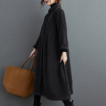 Buddha Stones Plain Buttons Long Sleeve Women's Cotton Corduroy Fleece-Lined Coat With Pockets