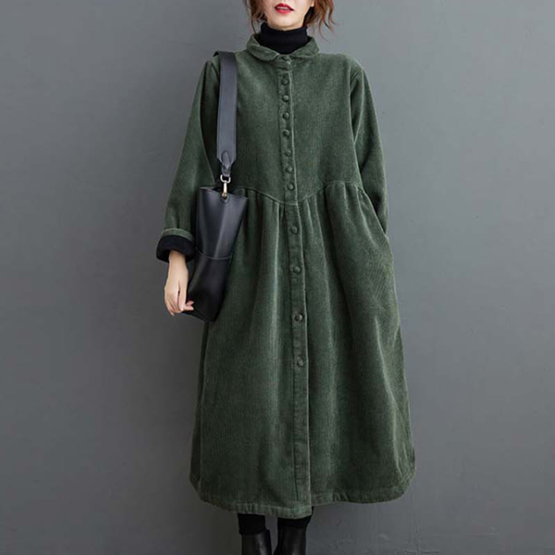 Buddha Stones Plain Buttons Long Sleeve Women's Cotton Corduroy Fleece-Lined Coat With Pockets