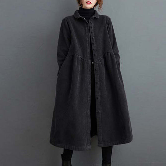 Buddha Stones Plain Buttons Long Sleeve Women's Cotton Corduroy Fleece-Lined Coat With Pockets
