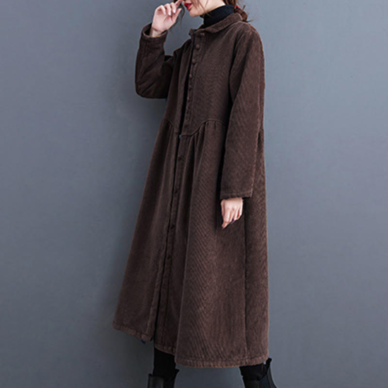 Buddha Stones Plain Buttons Long Sleeve Women's Cotton Corduroy Fleece-Lined Coat With Pockets