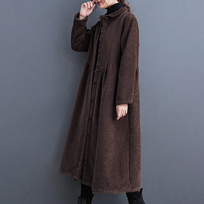 Buddha Stones Plain Buttons Long Sleeve Women's Cotton Corduroy Fleece-Lined Coat With Pockets