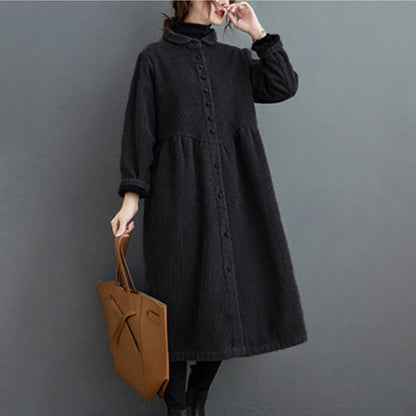 Buddha Stones Plain Buttons Long Sleeve Women's Cotton Corduroy Fleece-Lined Coat With Pockets