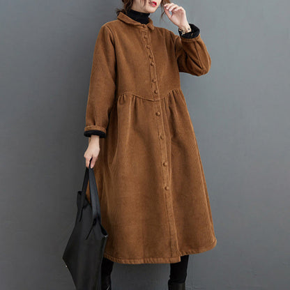 Buddha Stones Plain Buttons Long Sleeve Women's Cotton Corduroy Fleece-Lined Coat With Pockets