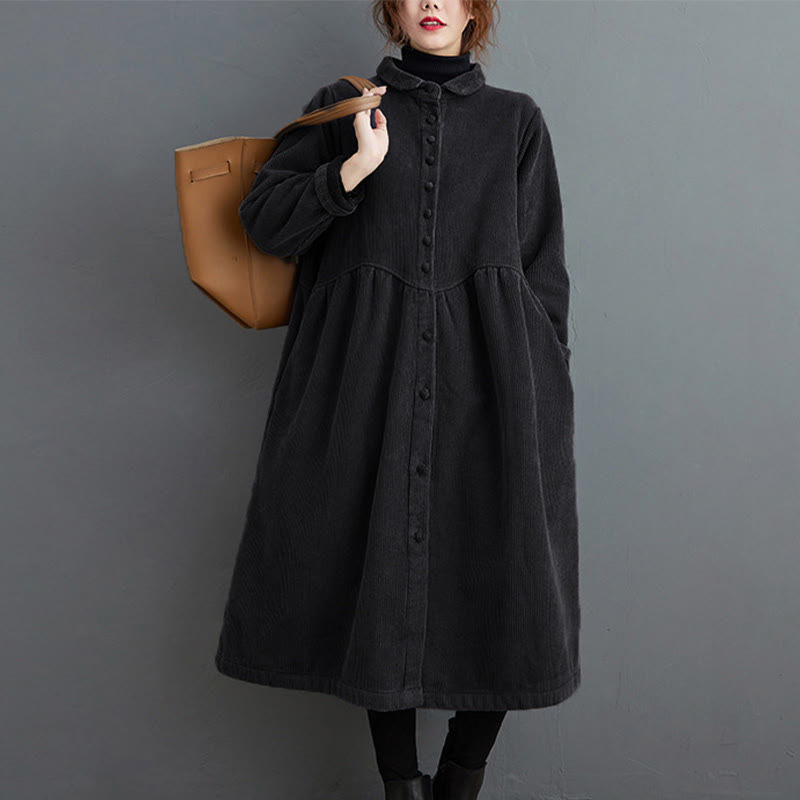 Buddha Stones Plain Buttons Long Sleeve Women's Cotton Corduroy Fleece-Lined Coat With Pockets