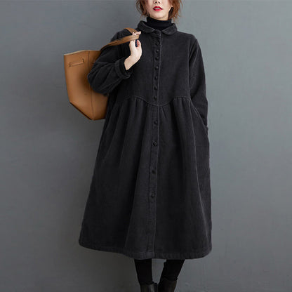 Buddha Stones Plain Buttons Long Sleeve Women's Cotton Corduroy Fleece-Lined Coat With Pockets